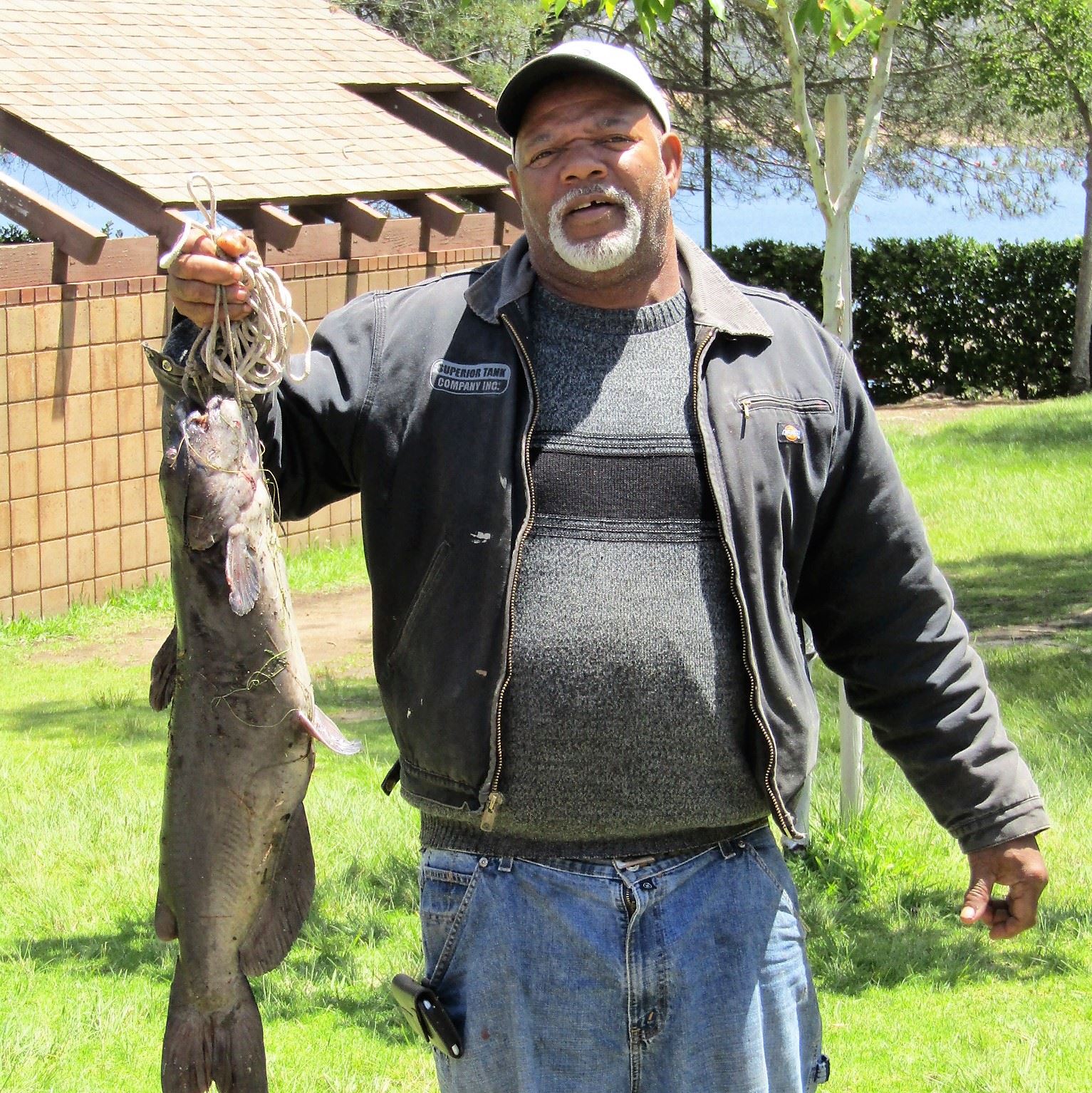 Rev. Randy Young with a 12 pound catfish caught on a nightcrawler west of Pier 2 on 5-14-17
