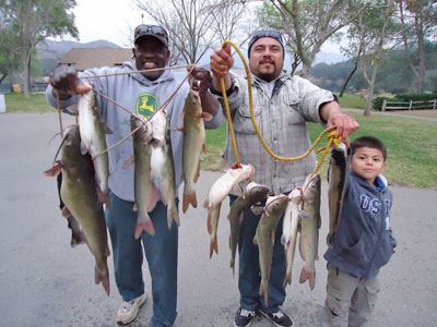 JD Seals, Juan Gil and son Julian of Escondido, Stringer of 10 Catfish and 3 Trout caught on Cut Mac