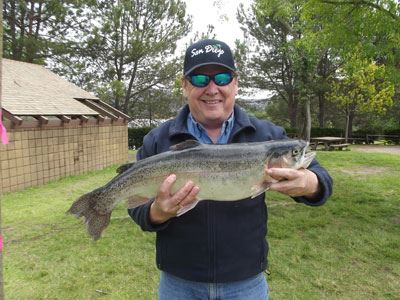 Stan Gold of Oceanside, 7 Pounds 11 Ounces Trout caught on Rainbow Powerbait and White Powerworm Combo from Buoy Line
