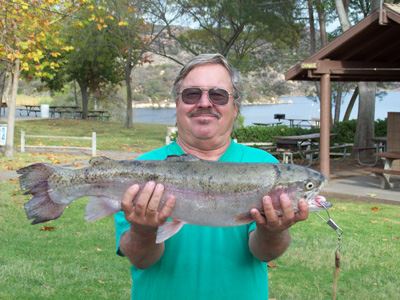 Steve Monreal of Vista, 8 Pounds 6 Ounces Trout caught on Orange Power Worm-Lime Green Powerbait Combo from Trout Cove