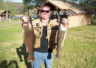 Brad Donahue of Chino, 10.5 Pounds and 7.5 Pounds Trout caught 1-30-12 on Brown Pee-wee Worms at Catfish Cove