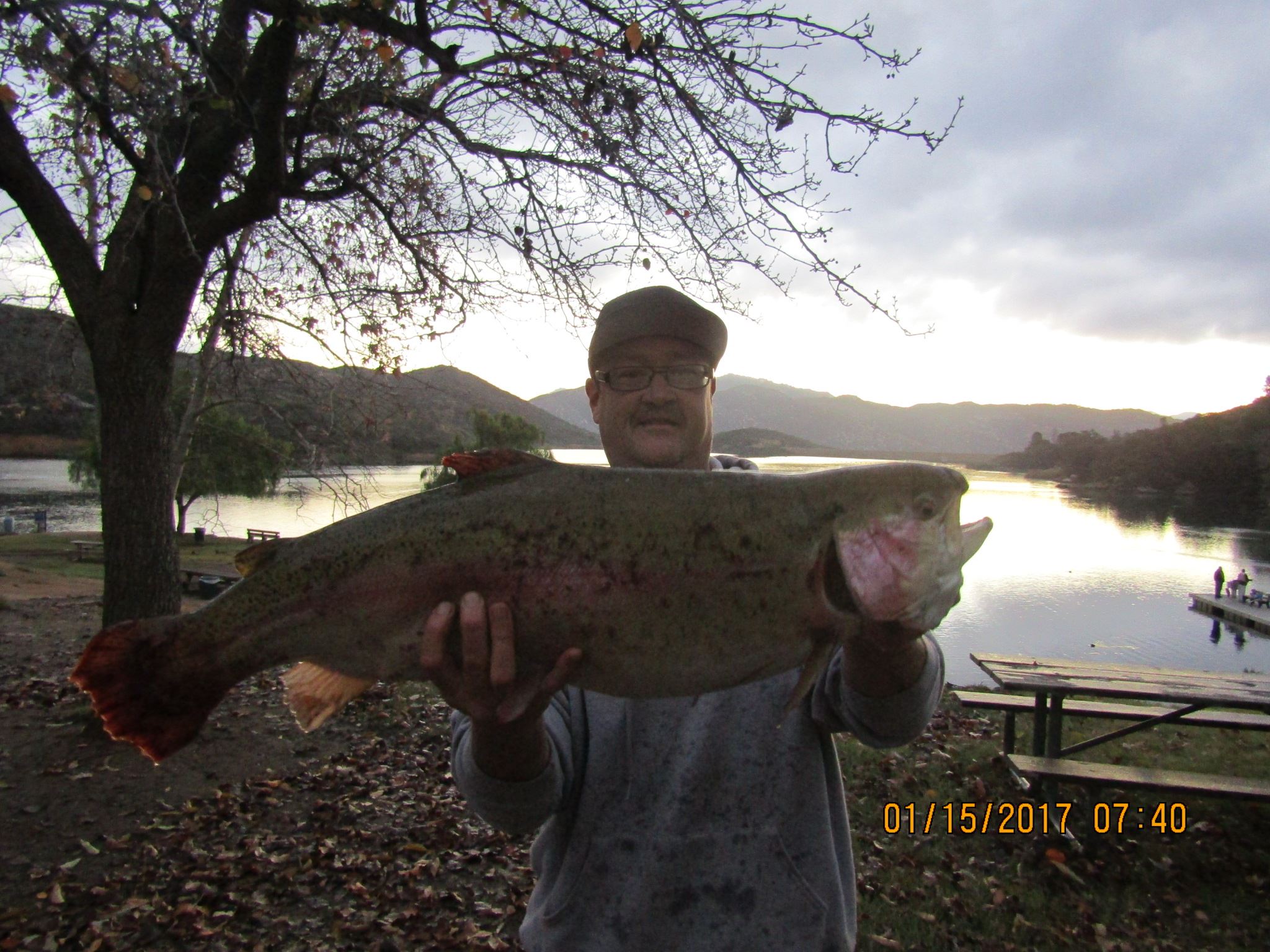 Don Stephensen of Temecula with the new 16.82 Pounds lake record as of 1-15-17 caught on a green smokin worm jig between Pier 2 and Trout Cove.