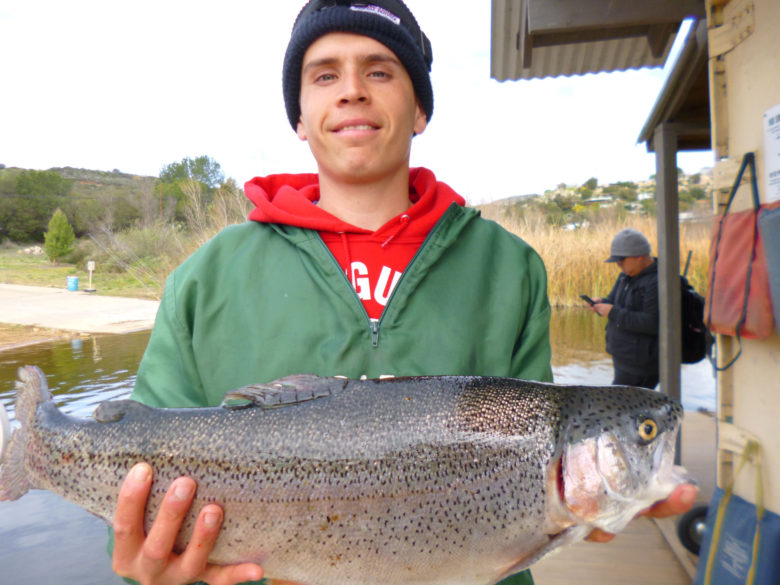 Daniel White of Santa Ana, 7.70 pound trout caught 2-1-19 using a pink mousetail in Boat Dock Cove.
